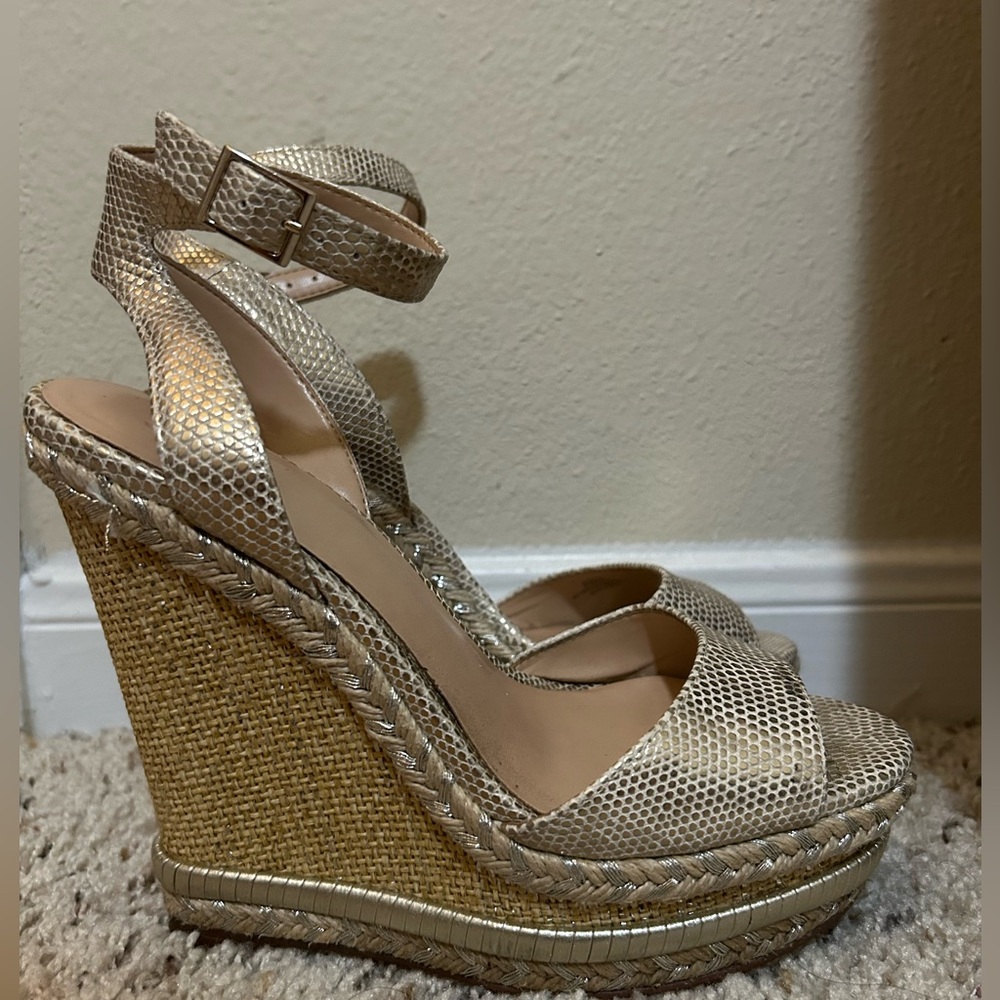 JLo wedge espadrille wedge heel. Gold/Silver, buckle ankle strap.